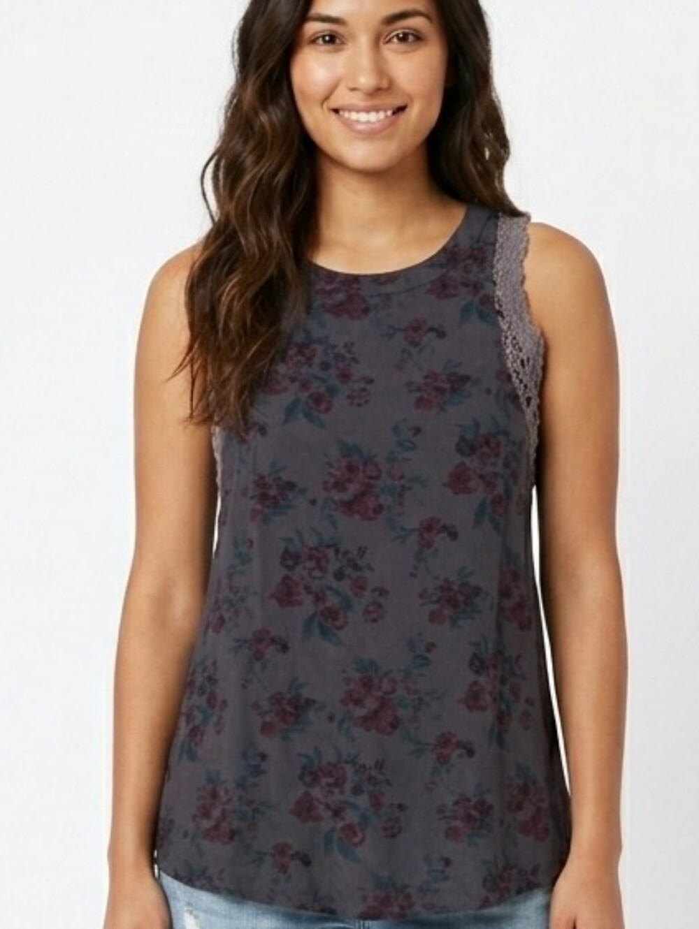gimmicks by BKE Charcoal Floral Lace-Trim Tank